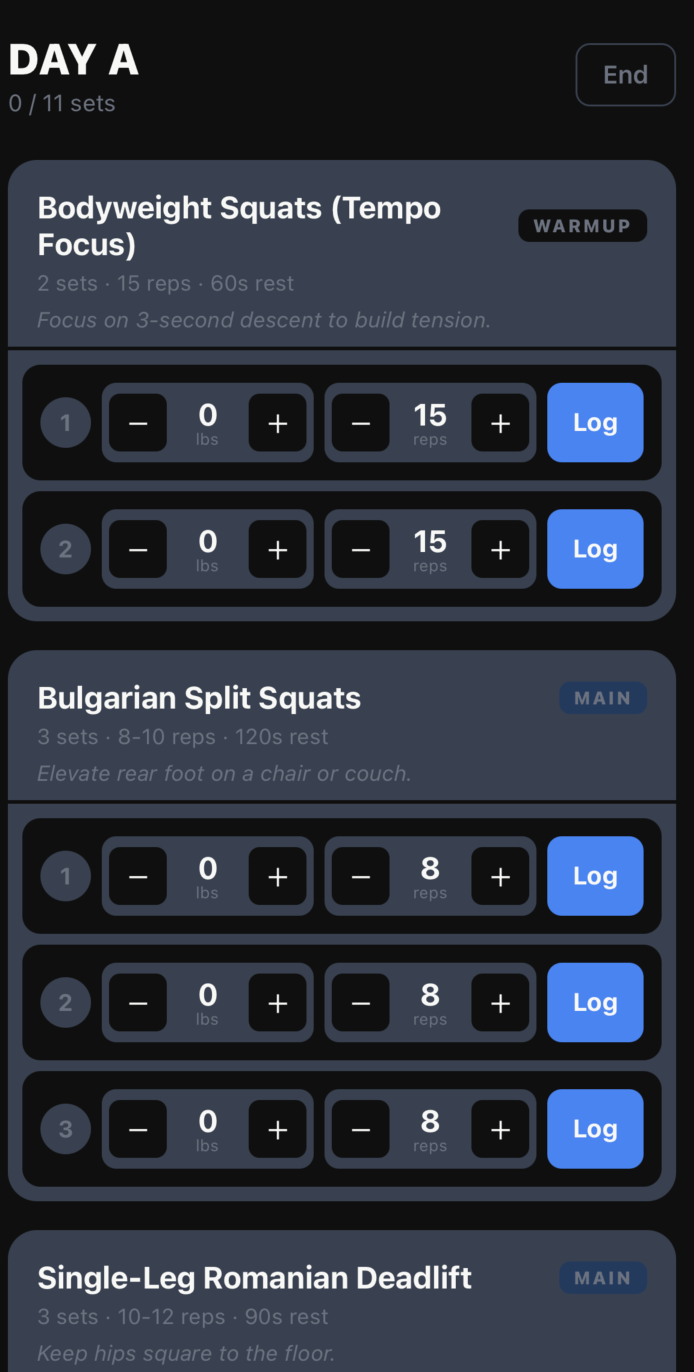 Adapt workout screen